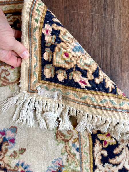Hand Knotted Oriental Cream and Blue Small Rug