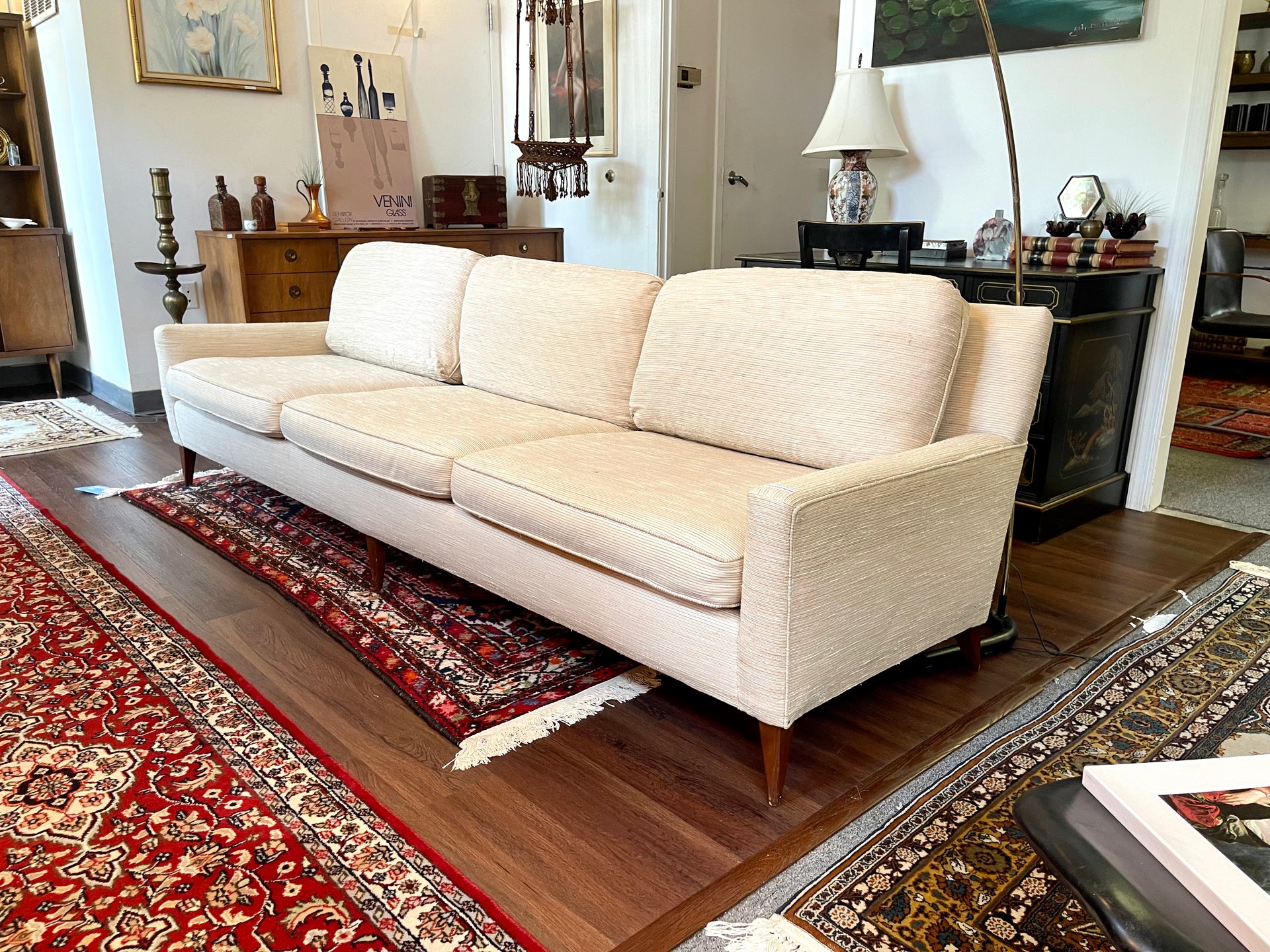 Mid Century Modern Upholstered Sofa in Boucle Cream