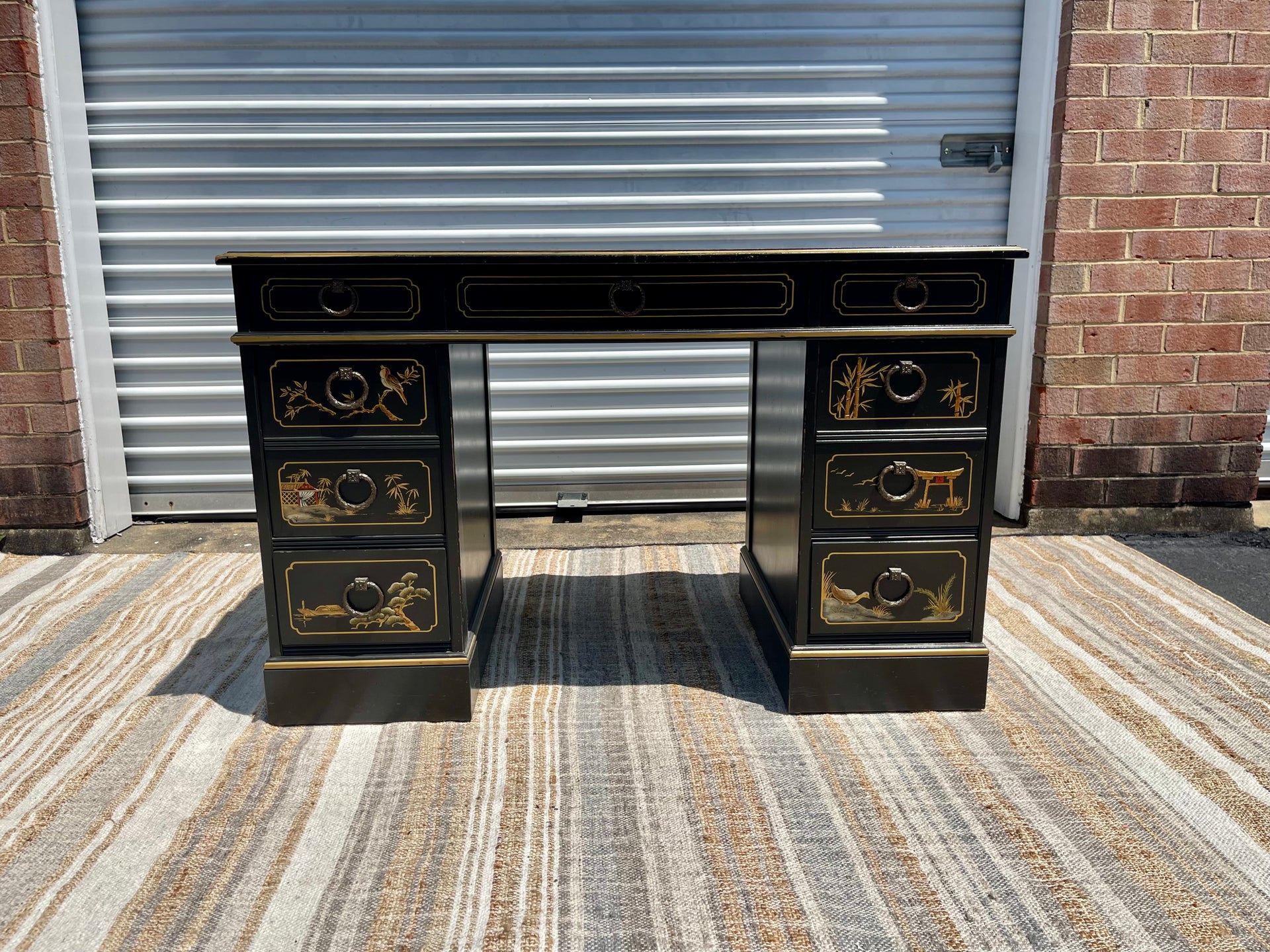 Chinoiserie Hollywood Regency Black Writing Desk by Sligh