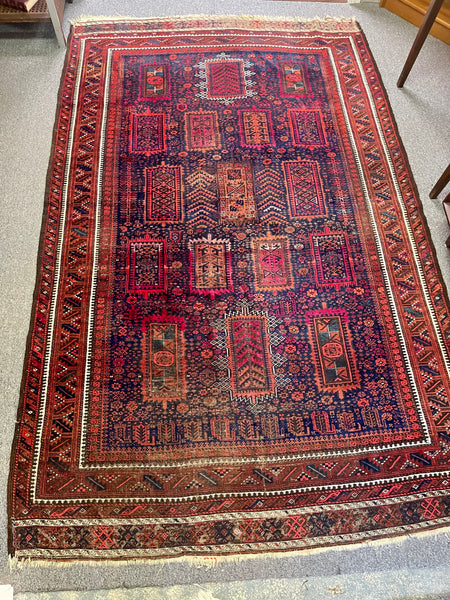 Antique Baluch Turkmen Navy and Ruby Persian Hand-knotted Rug