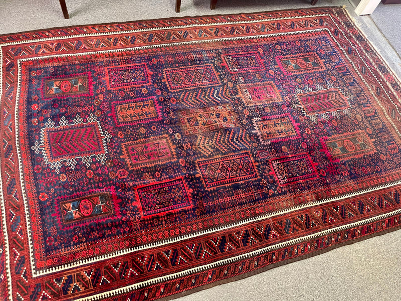 Antique Baluch Turkmen Navy and Ruby Persian Hand-knotted Rug