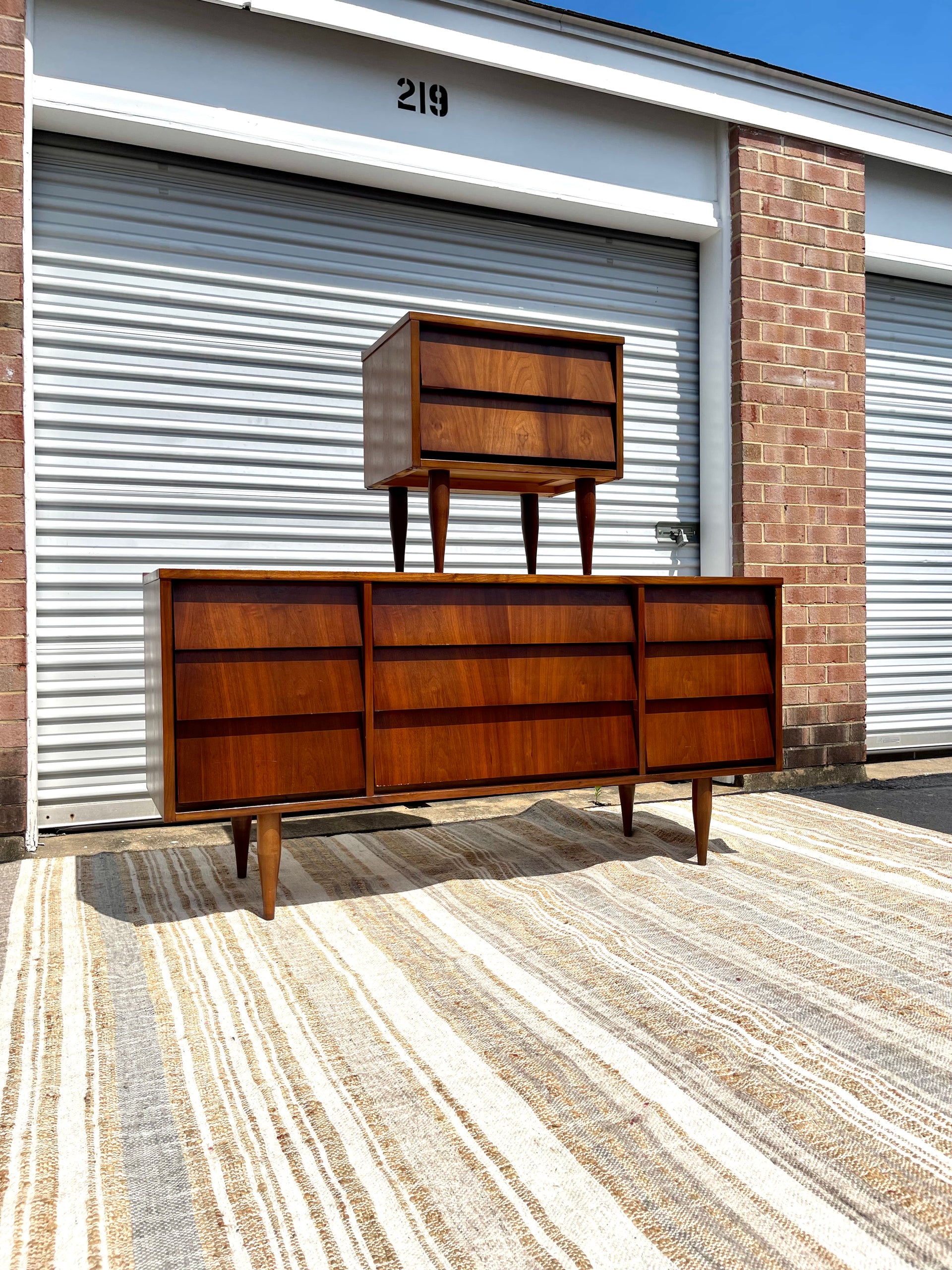 Ward Furniture Co. MCM Louvered Lowboy Dresser & Nightstand