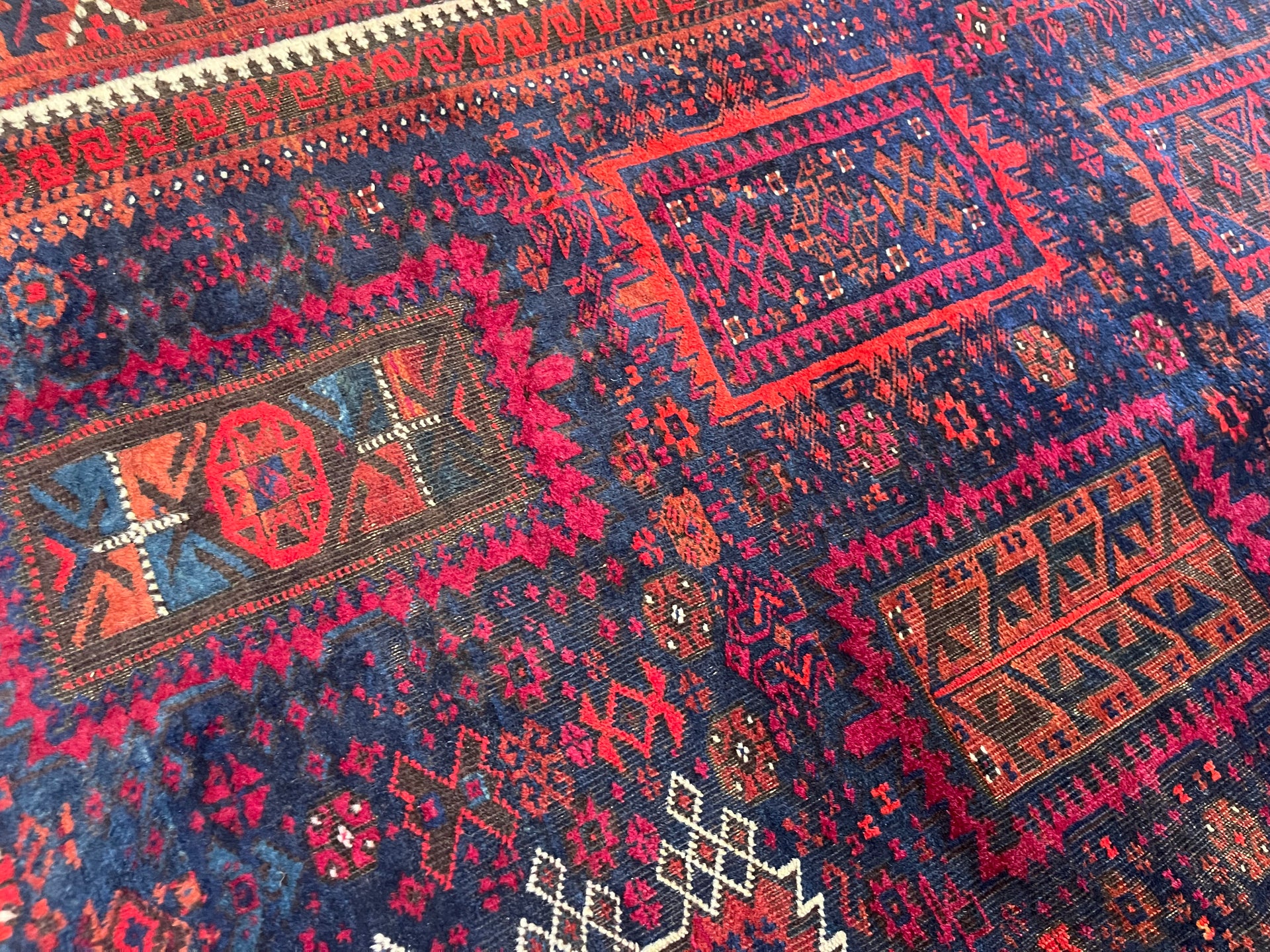 Antique Baluch Turkmen Navy and Ruby Persian Hand-knotted Rug