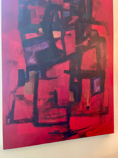 Mid Century Modern Red Abstract Art Signed