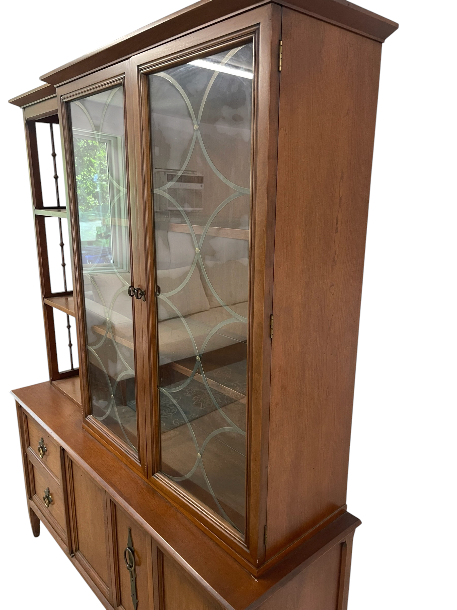 Magpie Reclamations traditional wooden china cabinet hutch with glass-paneled doors and spindle shelving details.