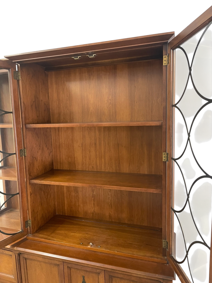 Magpie Reclamations traditional wooden china cabinet hutch with glass doors featuring intricate lattice overlays