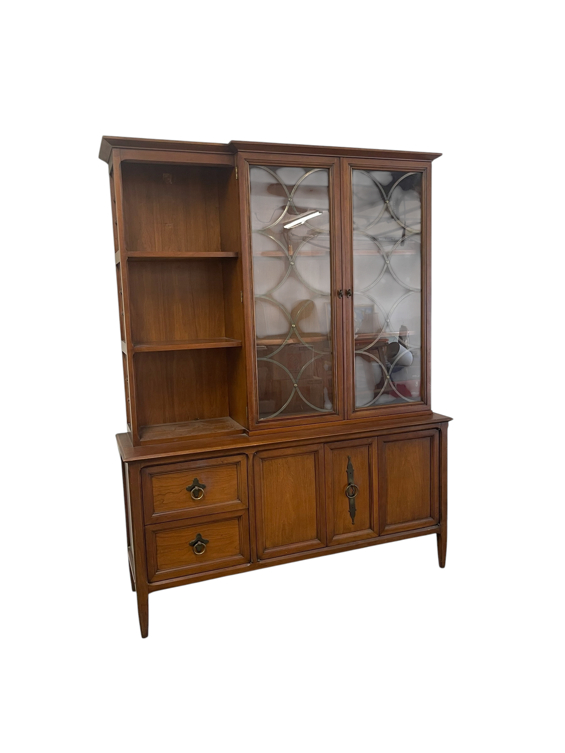 Magpie Reclamations traditional wooden china cabinet hutch with glass lattice doors, open shelving, and ring-pull drawers