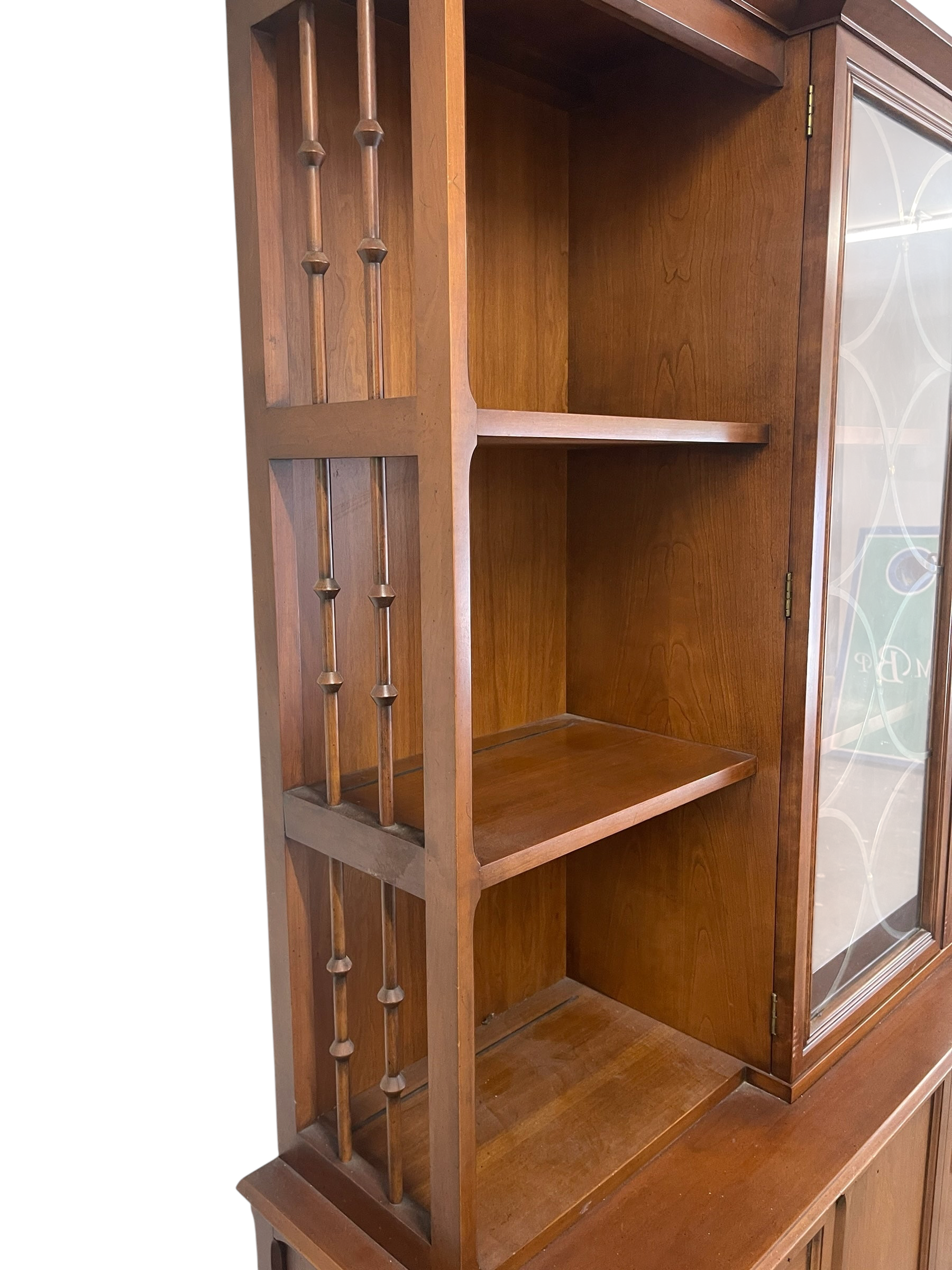 Magpie Reclamations wooden china cabinet hutch featuring open spindle shelving and glass-paneled display doors.