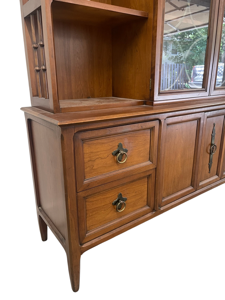Magpie Reclamations traditional wooden china cabinet hutch with drawers, glass doors, and vintage ring-pull hardware.