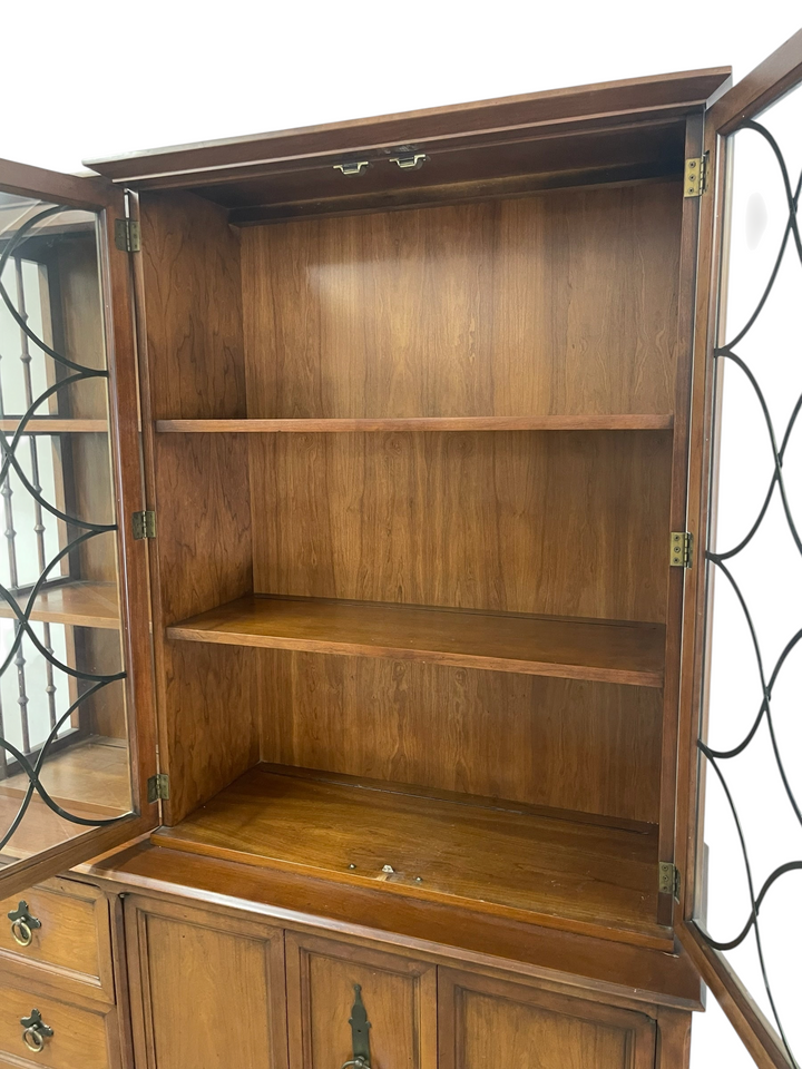 Magpie Reclamations traditional wooden china cabinet hutch with glass-paneled doors and intricate lattice overlay.