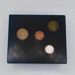 Mid Century Modern Black Enamel Ashtray and Box with Coin Inlay