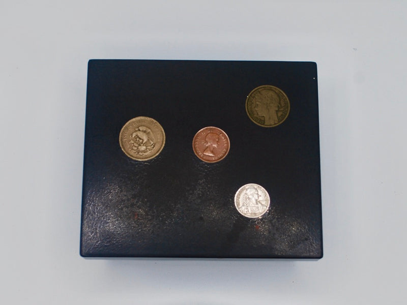 Mid Century Modern Black Enamel Ashtray and Box with Coin Inlay