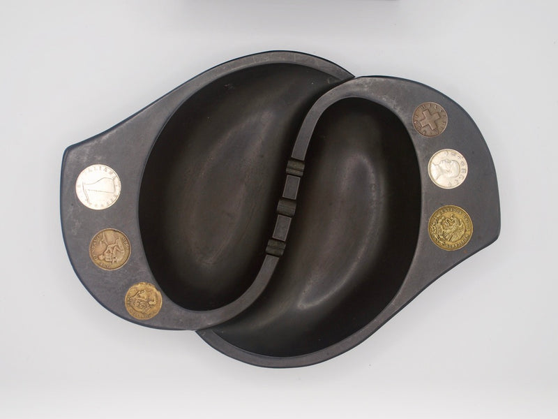 Mid Century Modern Black Enamel Ashtray and Box with Coin Inlay