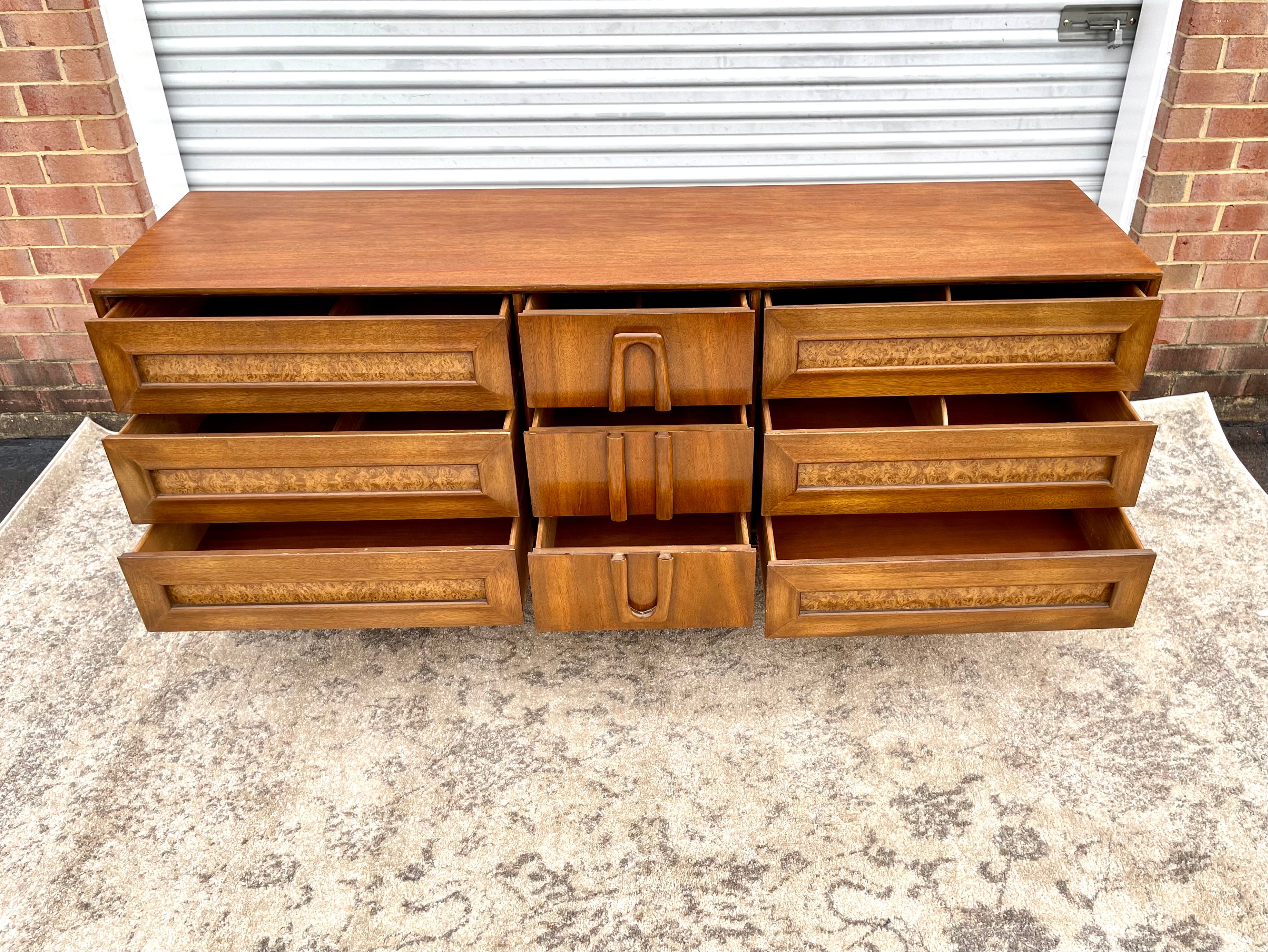 red lion dresser Red Lion Mid Century Modern Vintage Lowboy 9 Drawer Mahogany Parquetry Dresser c. 1950s