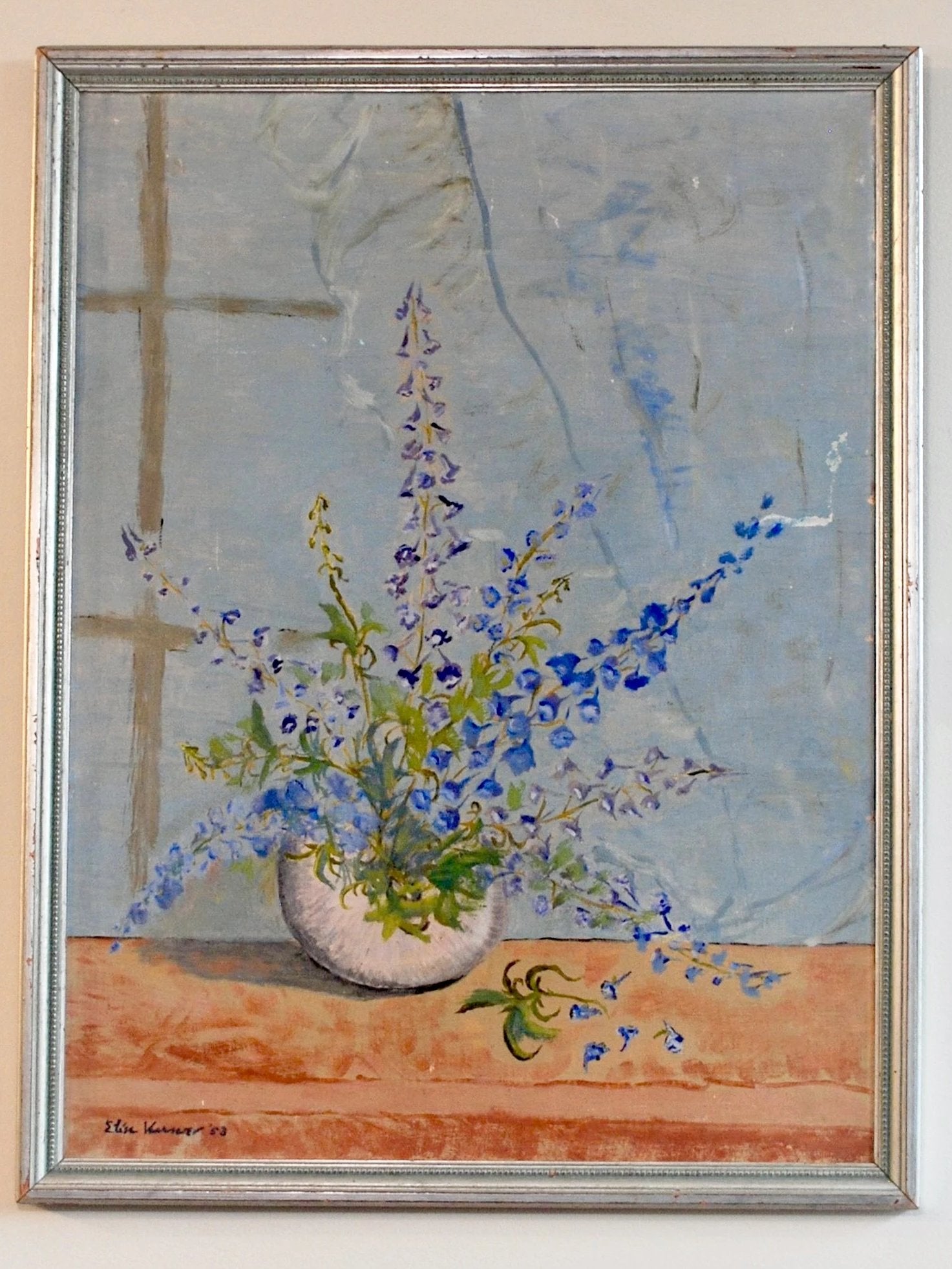 Elise Kramer 1953 Oil on Canvas Blue Flower Still Life