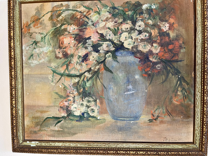 Oil on Board Flower Still Life Painting in Ornate Frame