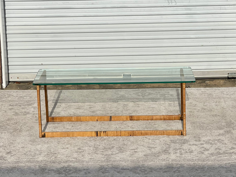 Vintage Rattan Wrapped Glass Coffee Table