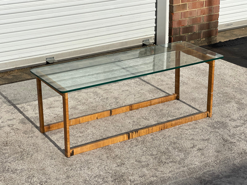 Vintage Rattan Wrapped Glass Coffee Table