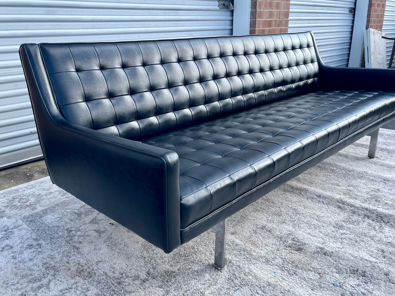 Midcentury Black Faux Leather Vinyl Tufted Long Low Sofa by Patrician