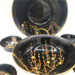 Japanese Hand Painted Black and Gold Wood Lacquer Bowl Set