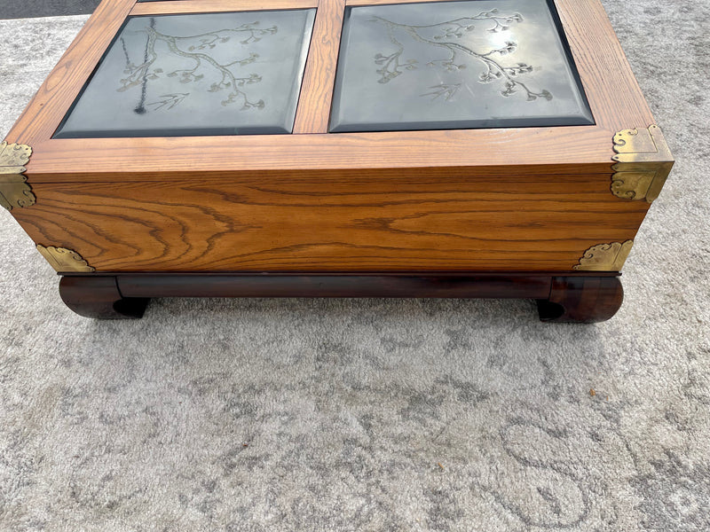 Chinoiserie Asian Inspired Bassett Coffee Table with Brass Accents