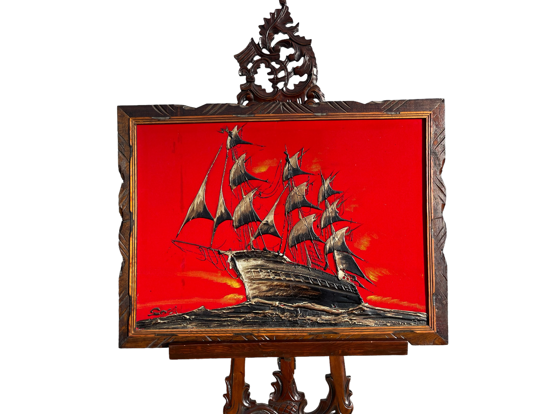 Sosa Mid Century Oil on Velvet Ship Painting