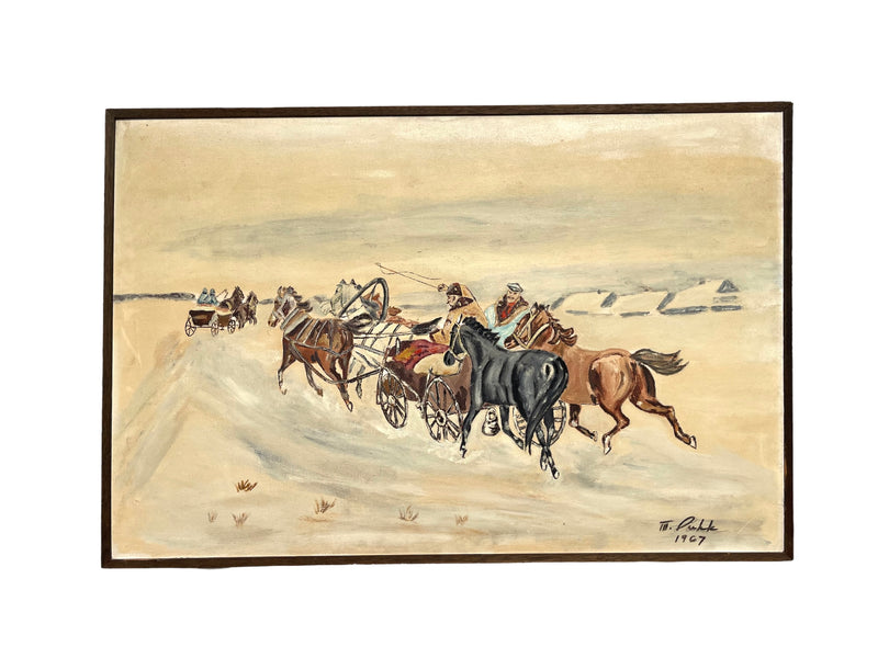 Mid Century Modern Acrylic on Canvas Horses and Wagons signed T. Dukk 1967