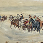 Mid Century Modern Acrylic on Canvas Horses and Wagons signed T. Dukk 1967