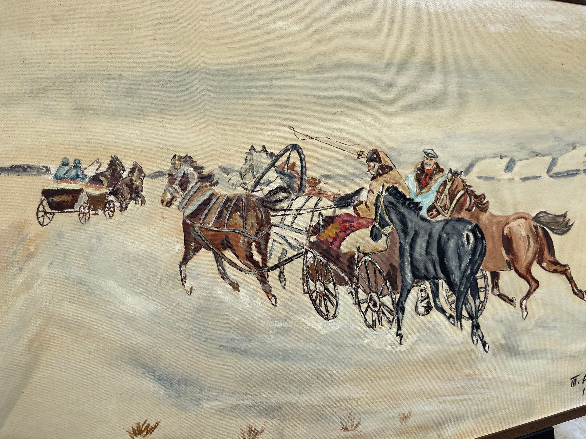 Mid Century Modern Acrylic on Canvas Horses and Wagons signed T. Dukk 1967