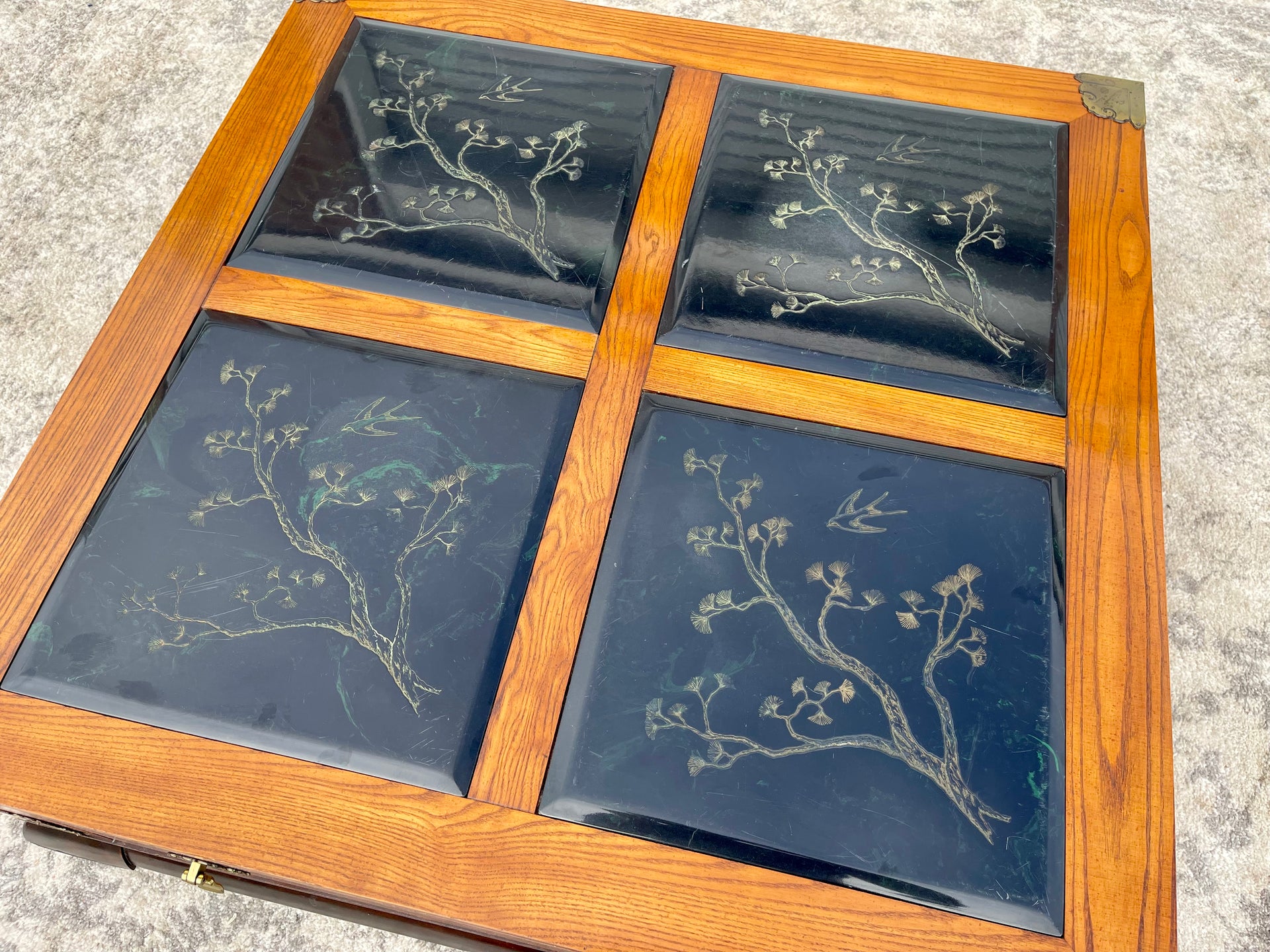Chinoiserie Asian Inspired Bassett Coffee Table with Brass Accents