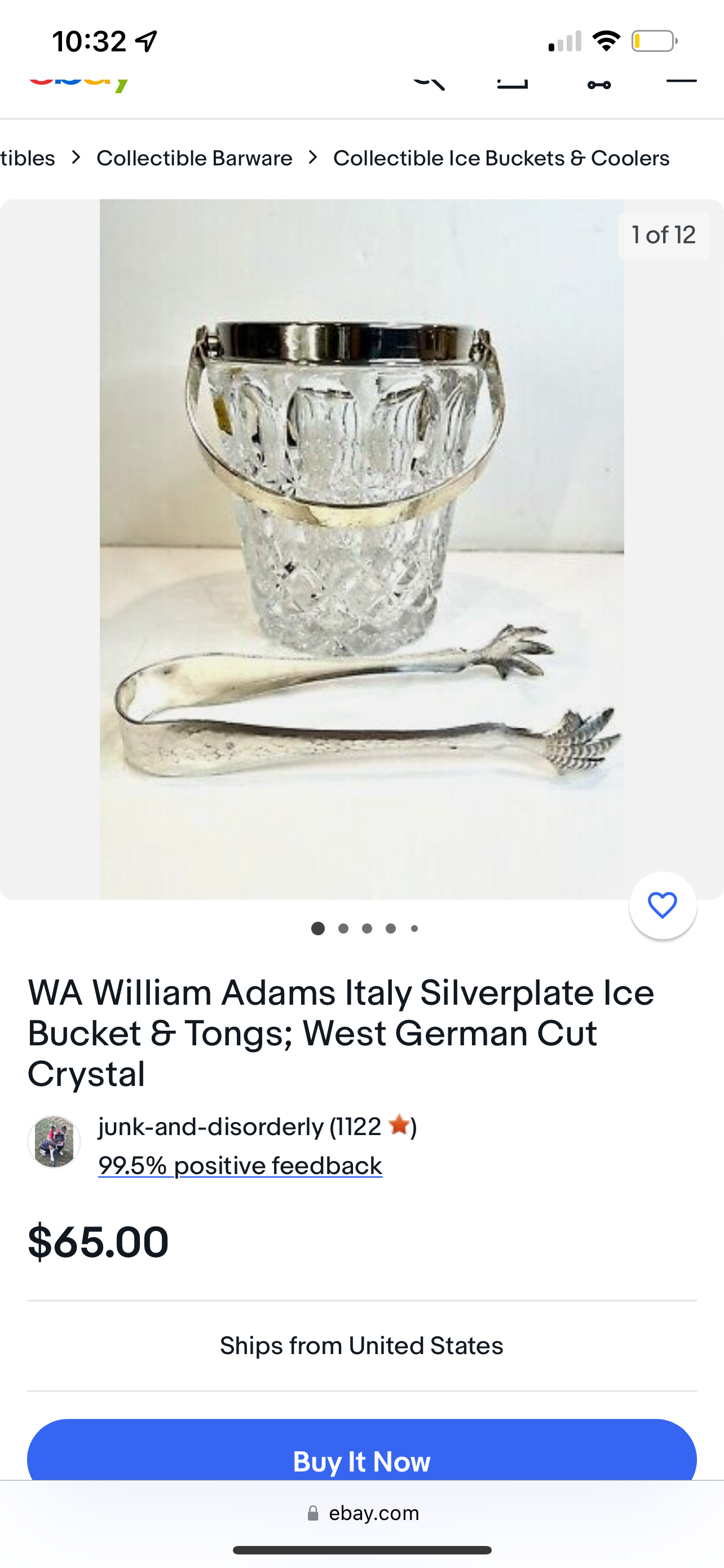 WA William Adams Italy Silverplate Ice Bucket & Tongs; West German Cut Crystal