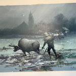 1970 Signed Oil on Canvas Man Plowing Field