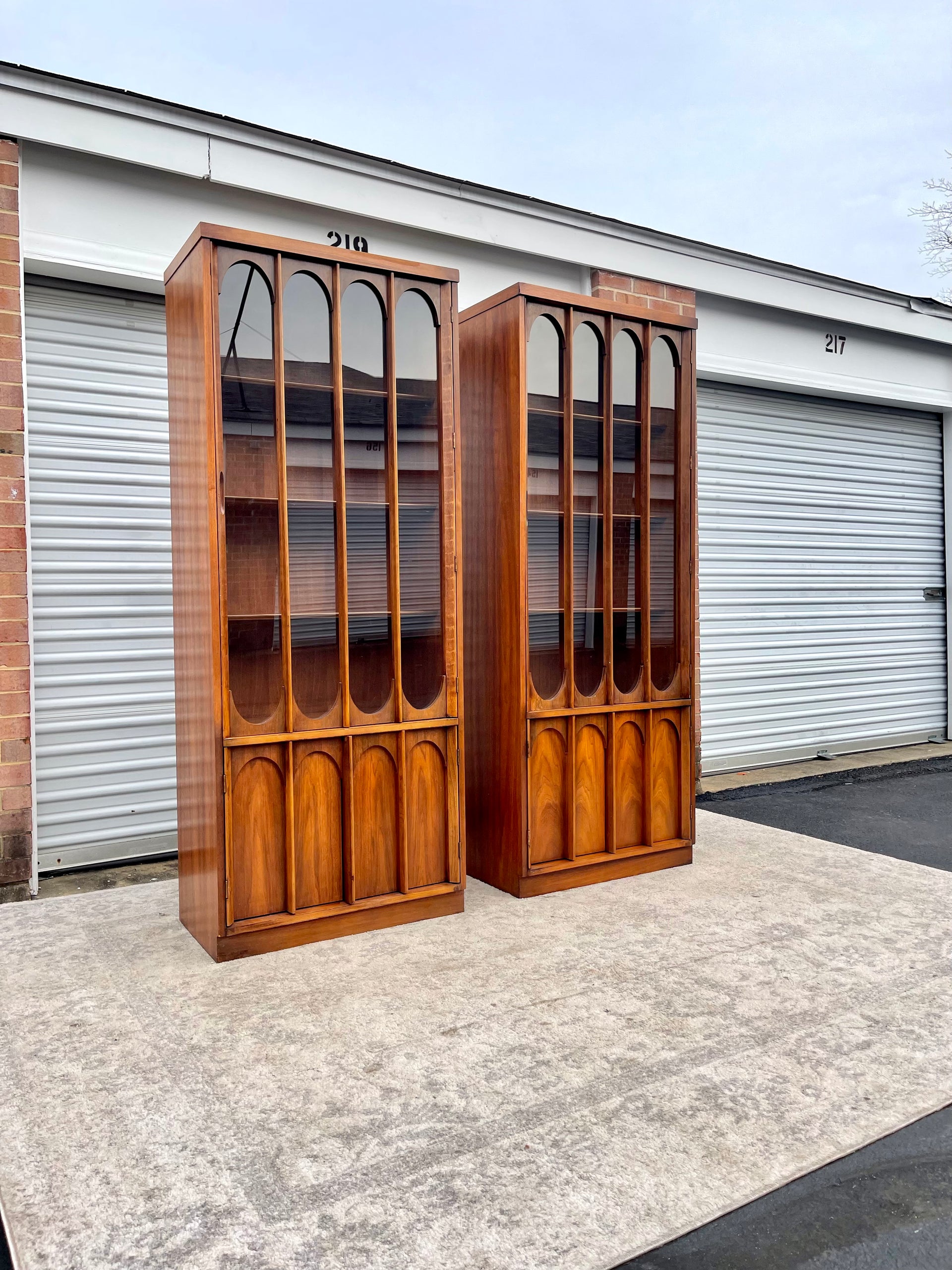 Mid Century Modern Brutalist Glass Fronted Bookcases/Cabinets