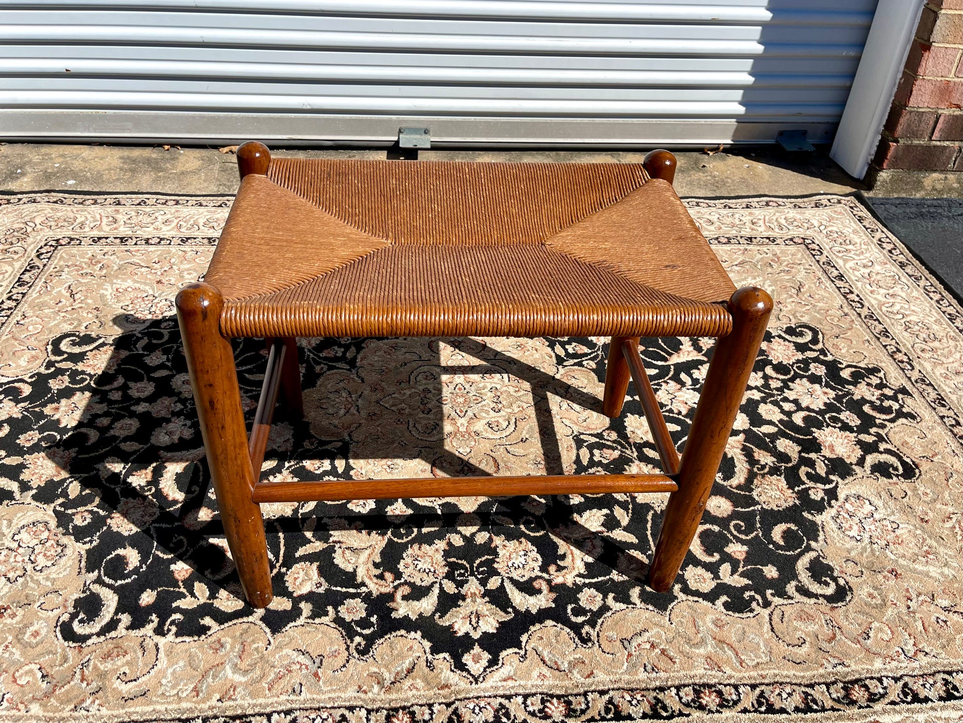 Midcentury Modern Scandinavian Paper Cord Weave Footstool Ottoman