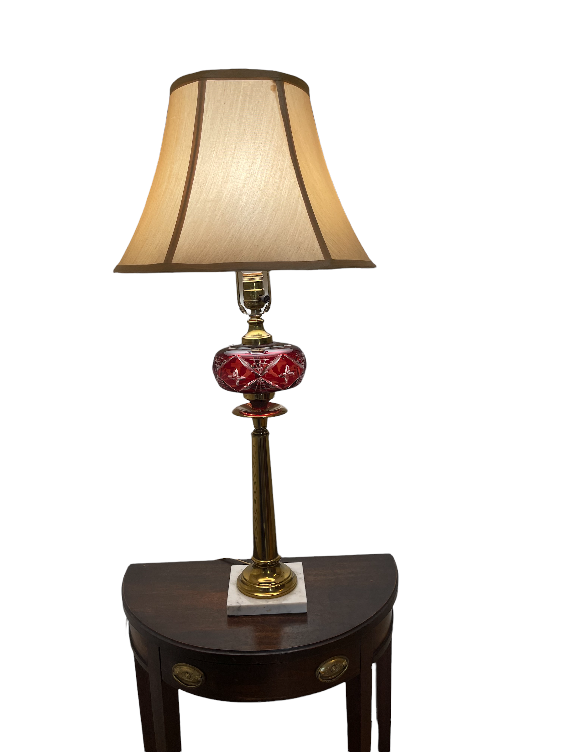 Garnet Cut to Clear Glass Antique Whale Oil Lamp with Marble Base