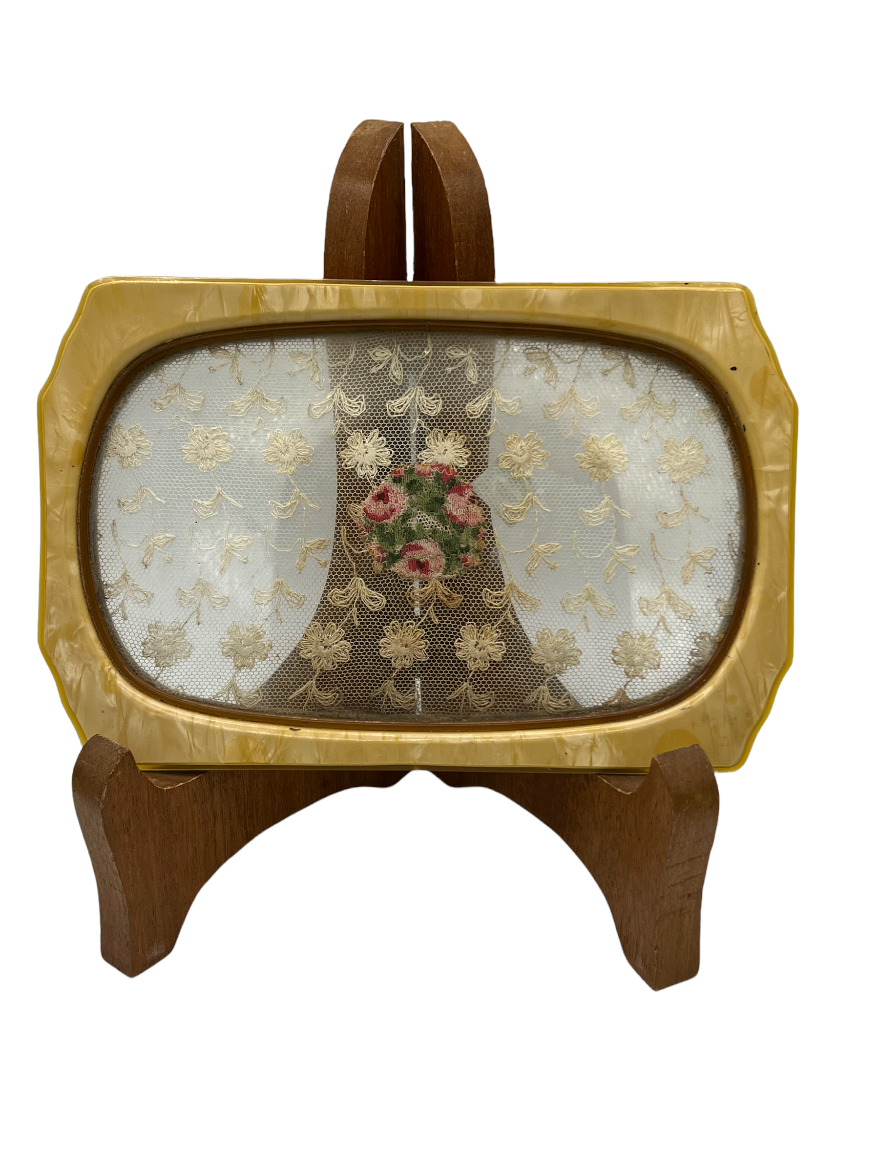 Art Deco Bakelite Vanity Tray with Embroidered Center in Glass