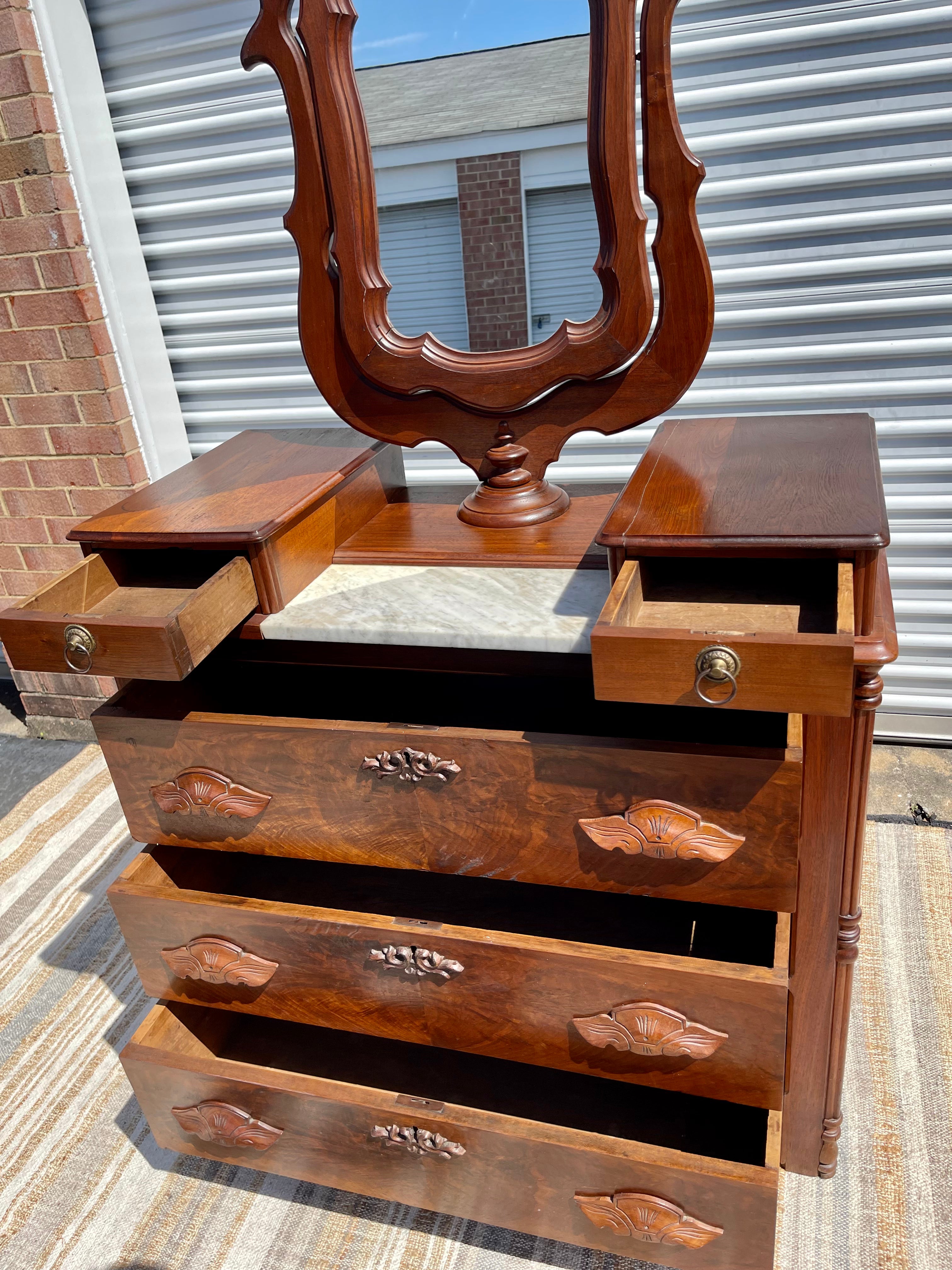 Victorian Eastlake Chest of Drawers with Marble Top and Mirror Victorian Eastlake Chest of Drawers with Marble Top and Mirror