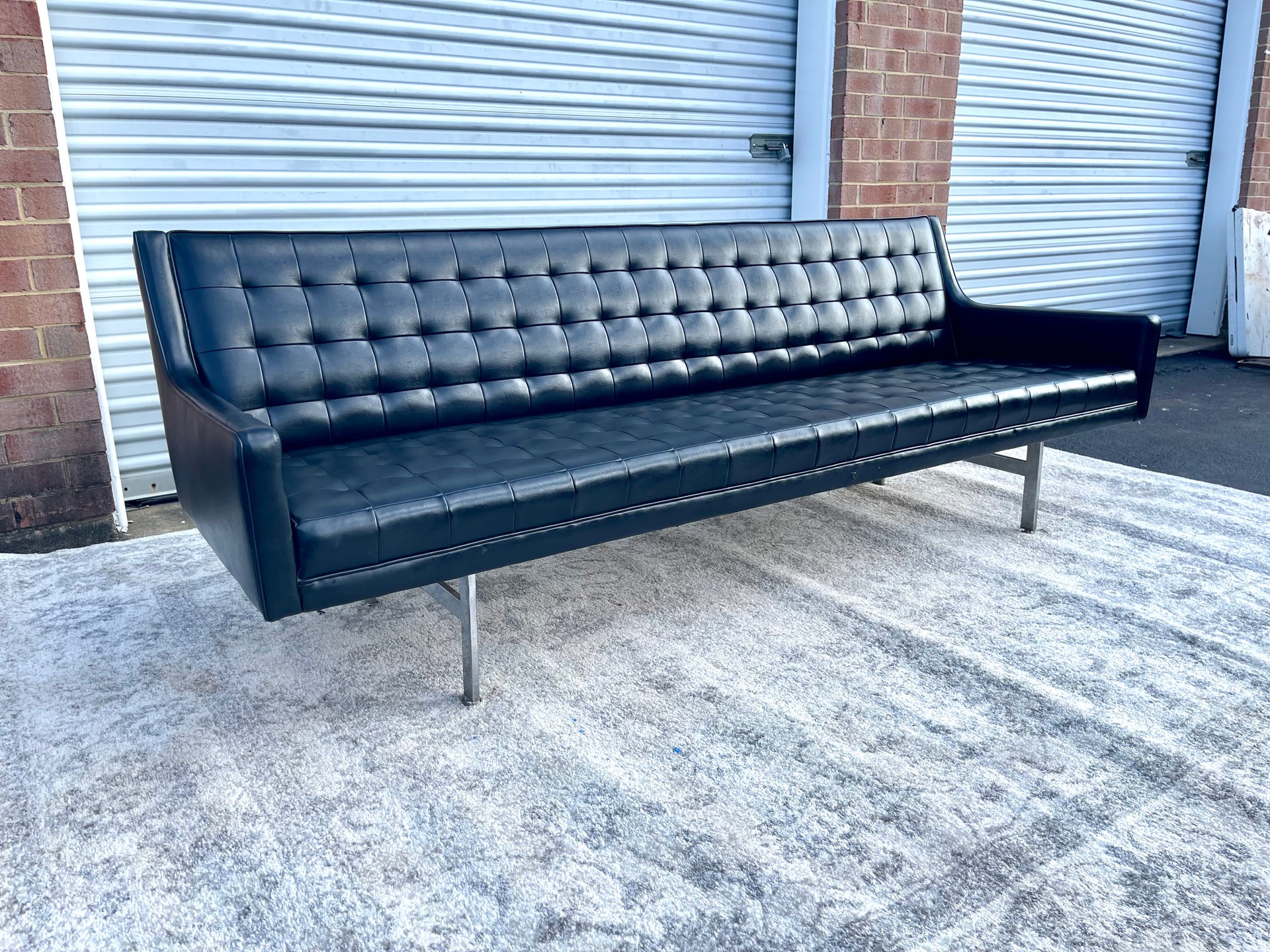 Midcentury Black Faux Leather Vinyl Tufted Long Low Sofa by Patrician