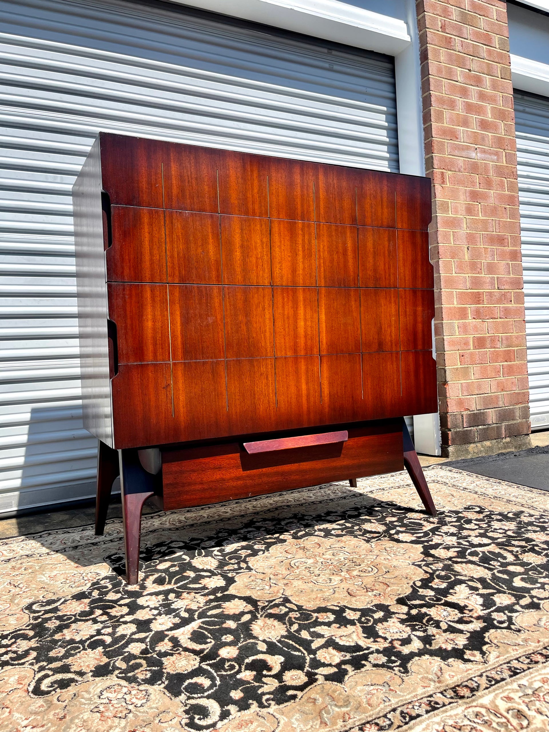 Mid Century Modern Red Mahogany Chest of Drawers with Brass Inlay