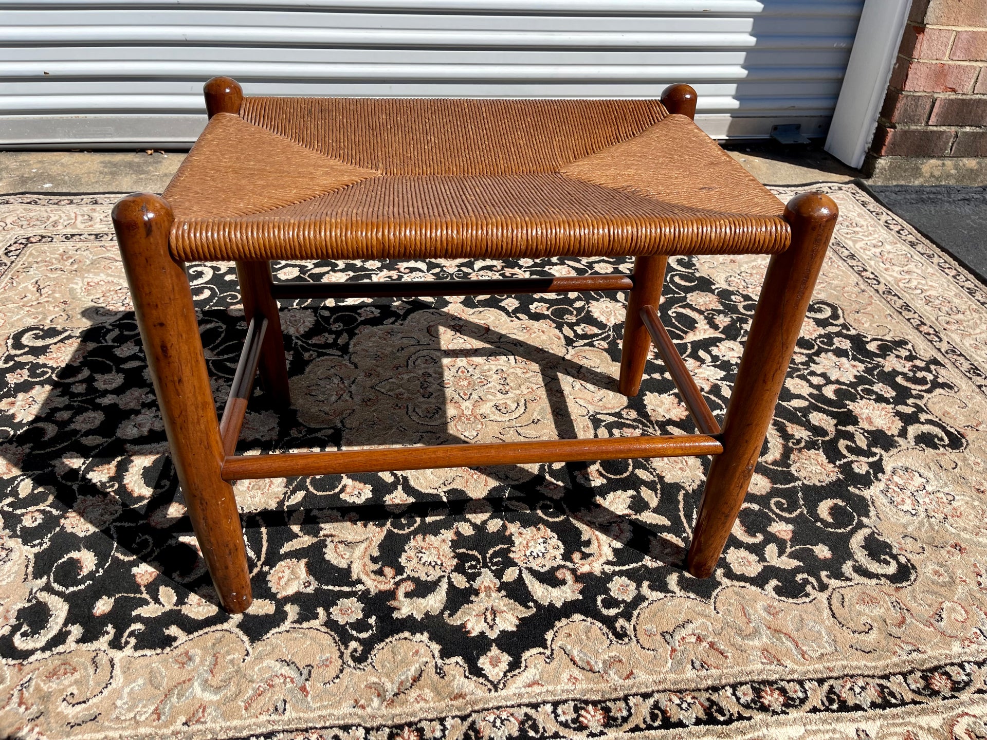 Midcentury Modern Scandinavian Paper Cord Weave Footstool Ottoman