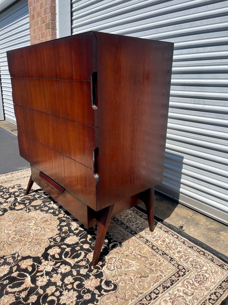 Mid Century Modern Red Mahogany Chest of Drawers with Brass Inlay
