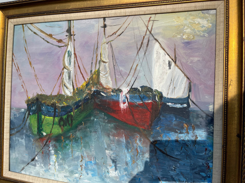Mid Century Oil on Canvas Ship Painting