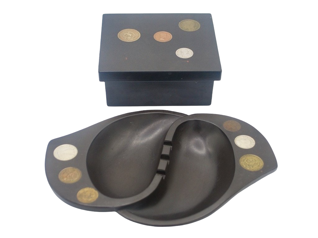 Mid Century Modern Black Enamel Ashtray and Box with Coin Inlay