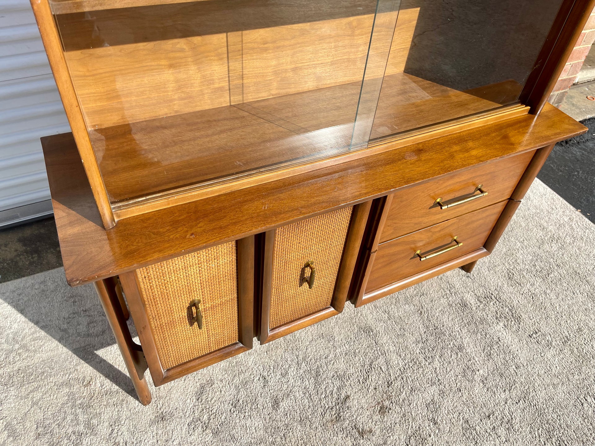 Mid Century Rattan Glass Fronted China Cabinet