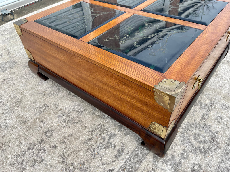 Chinoiserie Asian Inspired Bassett Coffee Table with Brass Accents