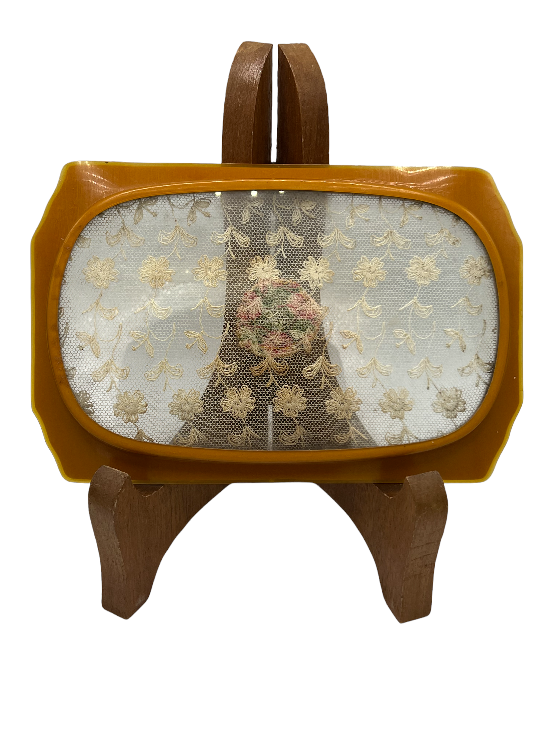Art Deco Bakelite Vanity Tray with Embroidered Center in Glass