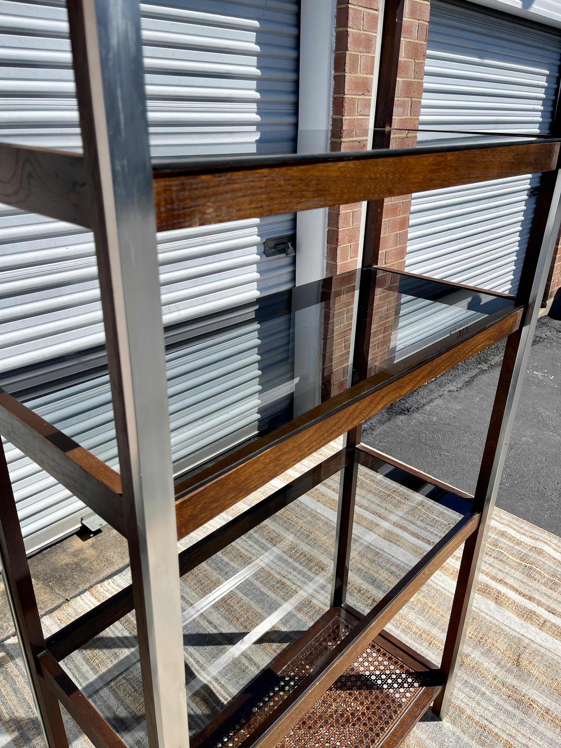 Milo Baughman Style Chrome and Rattan Etagere