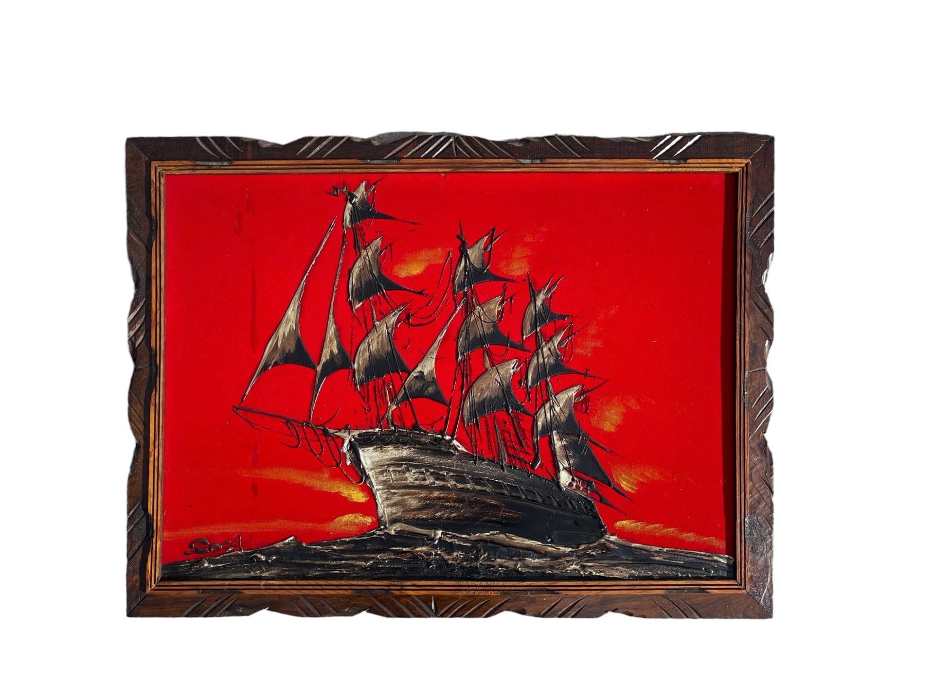 Sosa Mid Century Oil on Velvet Ship Painting