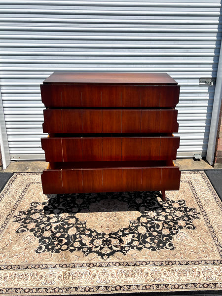 Mid Century Modern Red Mahogany Chest of Drawers with Brass Inlay