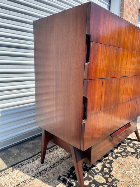 Mid Century Modern Red Mahogany Chest of Drawers with Brass Inlay